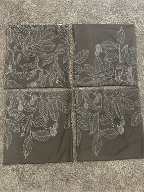 Set of 4 Gray Decorative Pillow Covers with White Leaf Print